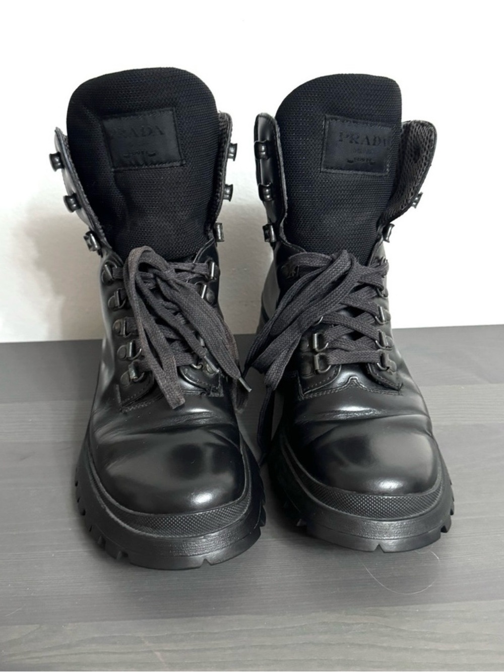 PRADA sz 37 US 7 Women’s Combat Boots Leather Black Lace Up
